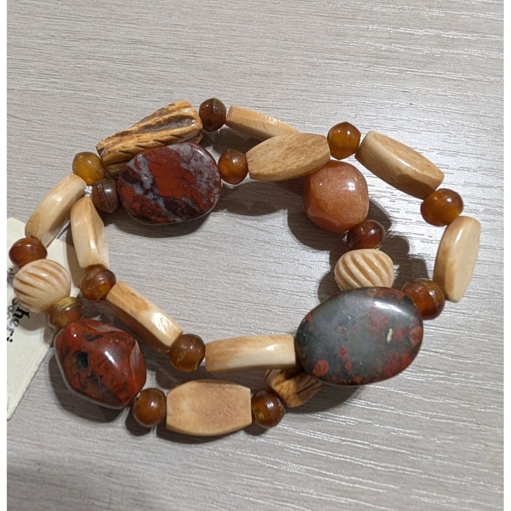 Vtg. Catherine Stein Semi-Precious Stone Stretch Bracelets Red Jasper Shell Boho